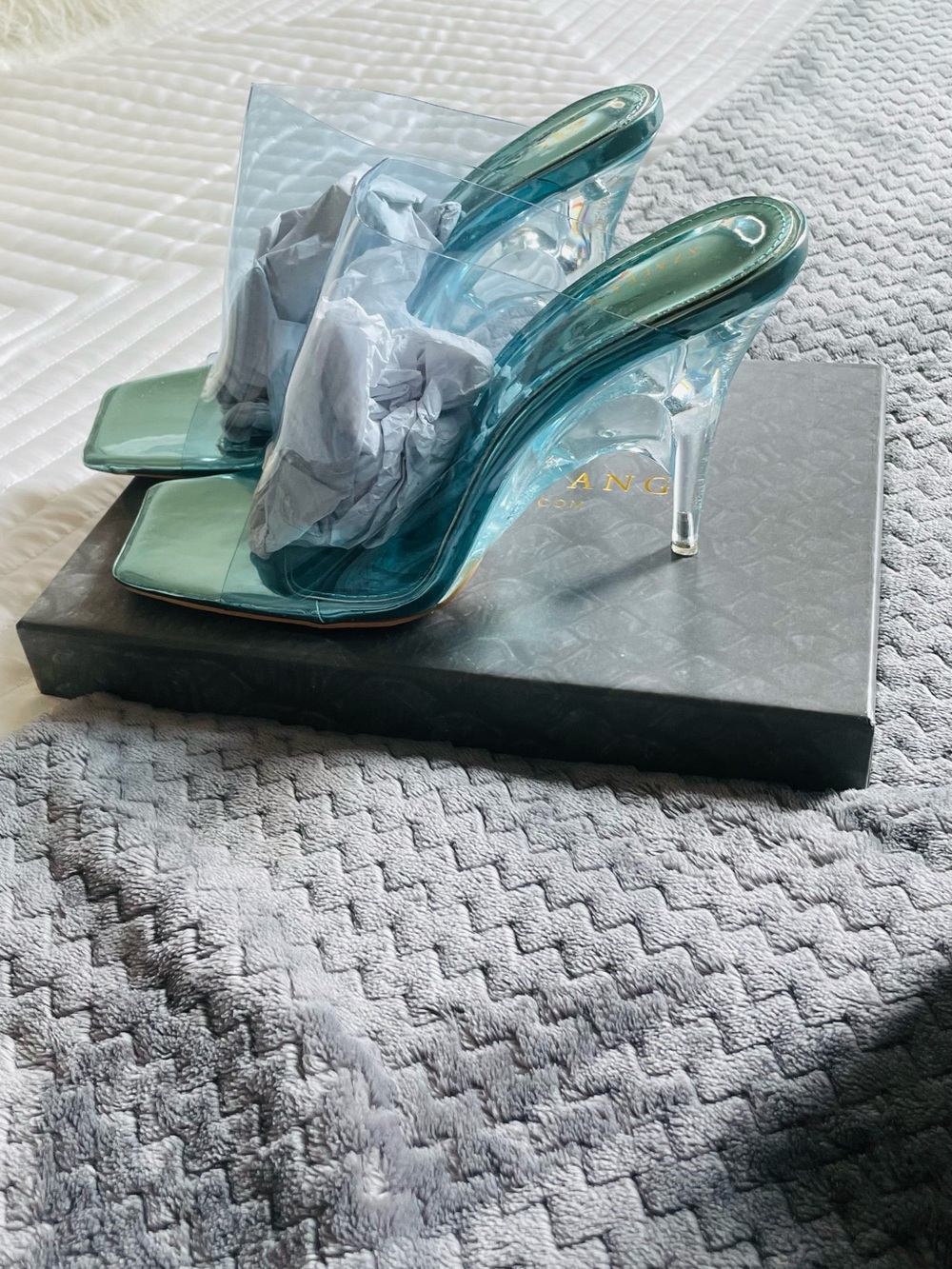 AKIRA Teal-Tinted Clear Slide Heels
